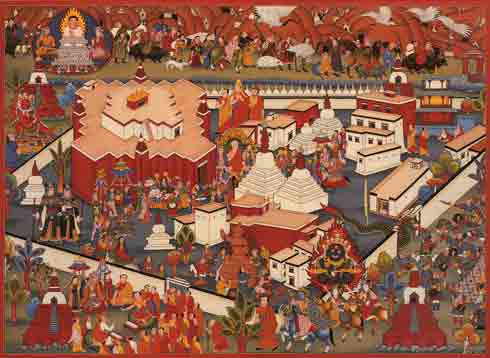 
A thang.ka depicting the temples of Tho.ling before destruction and the main events occurring during the first hundred years of its history - Records of Tho.ling book
